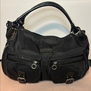 Lancaster Paris Black Nylon and Leather Leather Shoulder Bag with Slouchy Design